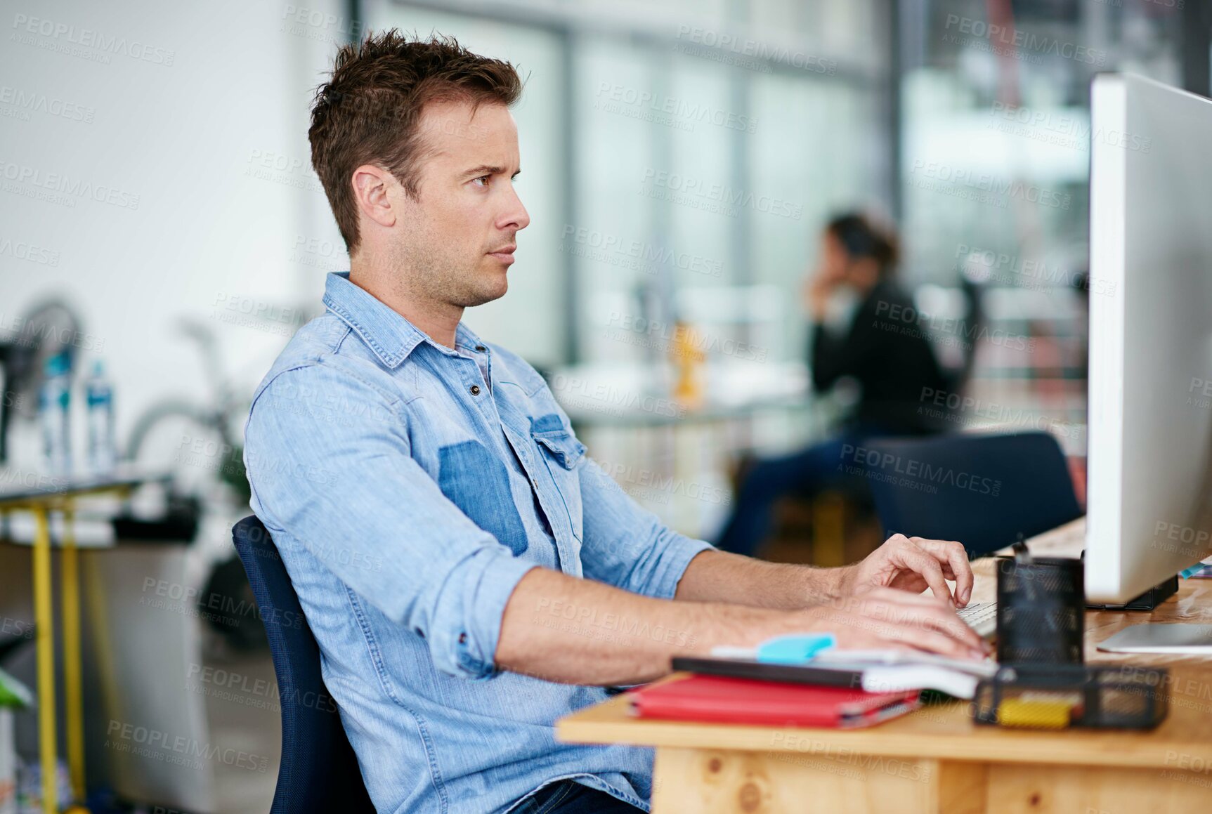 Buy stock photo Man, office and computer with online research for creativity, designs and ideas for project as graphic designer. Employee, working and desktop in desk in startup business or agency with deadline