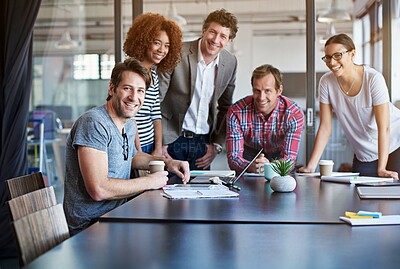 Buy stock photo Portrait, business people and meeting in conference room for teamwork, collaboration or b2b planning. Consultant agency, diversity and happy staff in office for support, synergy or professional