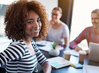 Buy stock photo Portrait, black woman and meeting in office for advertising career with strategy workshop, team and tech. Modern workplace, female worker and planning for creative project and marketing with teamwork