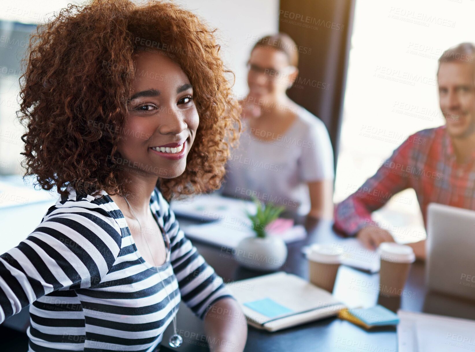 Buy stock photo Portrait, black woman and meeting in office for advertising career with strategy workshop, team and tech. Modern workplace, female worker and planning for creative project and marketing with teamwork