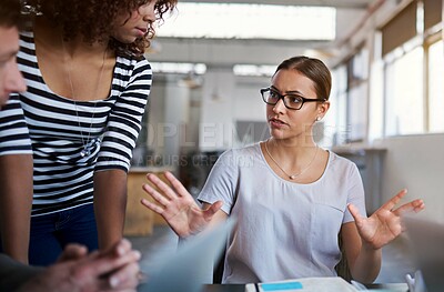 Buy stock photo Woman, business and staff in office for meeting with manager as graphic designers for customer feedback. Female person, people and teamwork for creative company with documents for project proposal