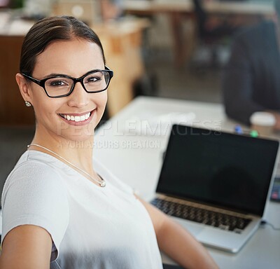 Buy stock photo Portrait, woman and laptop in office for design with research, creative project and web. Agency, writing and face of female developer in workplace with technology screen for seo, info and glasses
