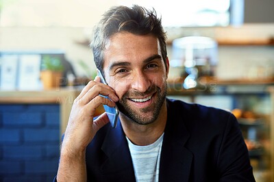 Buy stock photo Phone call, portrait and smile with business man in office for communication, networking or planning. Contact, face and negotiation with happy young design employee talking on mobile in workplace