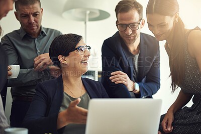 Buy stock photo Laptop, business and happy people for website launch, online reviews and results, profit or web check in office. Presentation, design feedback and professional woman, manager or employees on computer