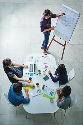 Buy stock photo Leadership, teamwork and diversity in office for meeting, collaboration and data analysis. Presentation, men and women in workplace for planning, strategy and start up company project with top view