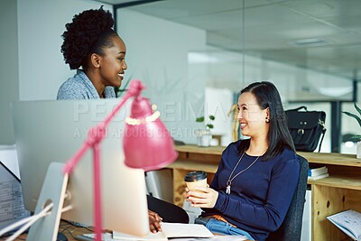 Buy stock photo Business, woman and teamwork in office with computer, professional feedback and online project discussion. Technology, brainstorming and happy for company development, employees and coworker