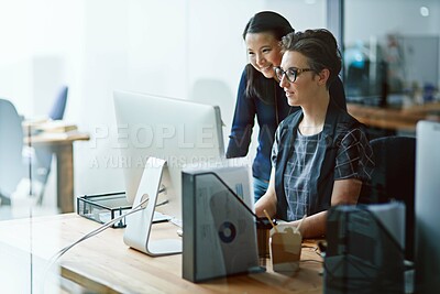 Buy stock photo Creative, advice and women at computer together in office for planning, email and business development. Teamwork, partnership and people in meeting for design idea with support, help or mentorship