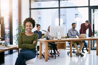 Buy stock photo Woman, intern and portrait in office with colleagues, teamwork and collaboration. Professional, staff and business for creative interior design company, learning and young employee in workplace