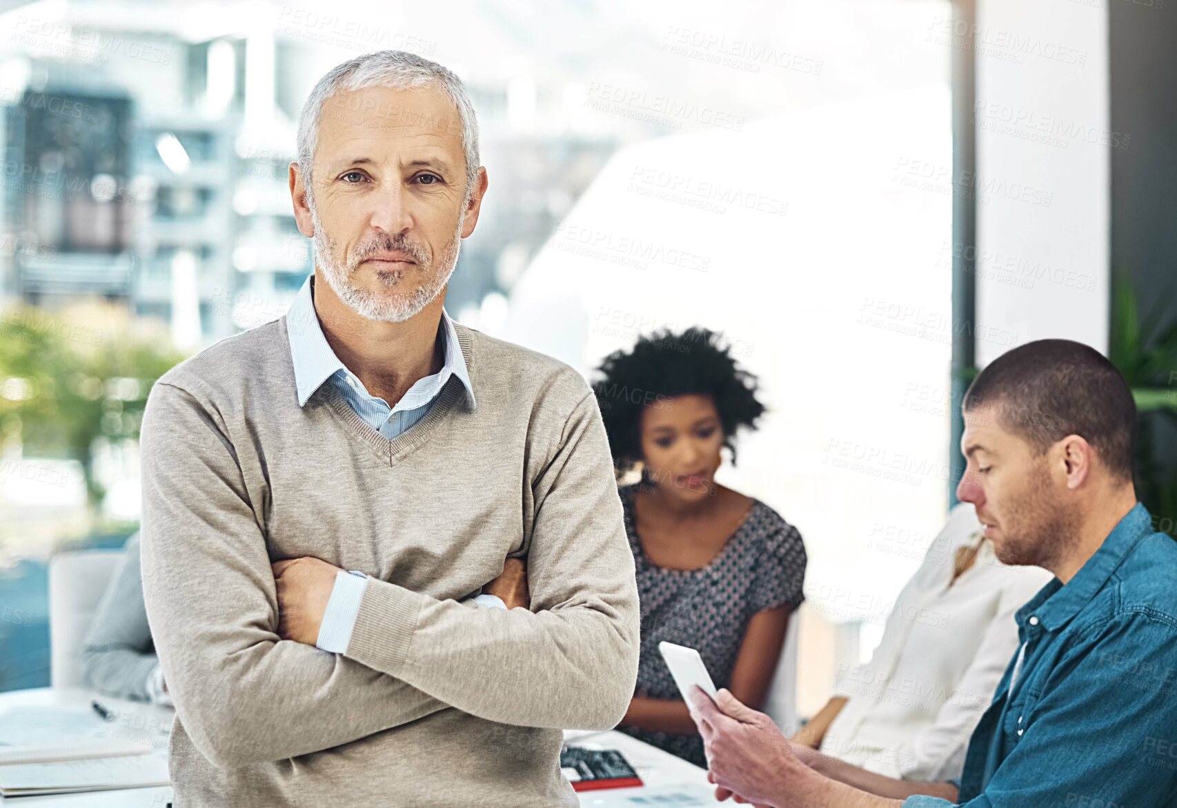 Buy stock photo Meeting, portrait and business man with arms crossed in office for teamwork, workflow support or collaboration. Startup, professional and mature person for leadership, management or confidence