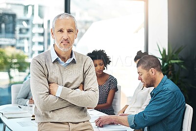 Buy stock photo Manager, portrait and businessman with arms crossed for meeting, collaboration, workflow support in office. Startup, lens flare and mature person by staff for leadership, teamwork or confidence