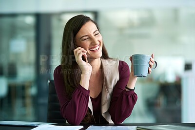Buy stock photo Businesswoman, office and call on smartphone with coffee at desk for lunch break with happy. Creative writing, positive and notes for inspiration in France with professional editing or research.