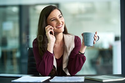 Buy stock photo Office, businesswoman and smile with coffee at desk for lunch break with happy in company. Positive, accountant and notes for corporate in the Netherlands with professional financial analyst.