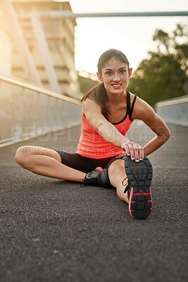 Buy stock photo Portrait, active and woman for stretch of legs on road for fitness, training and workout for health or wellness. Athlete, female person and warm up for sports marathon or race with exercise for goal
