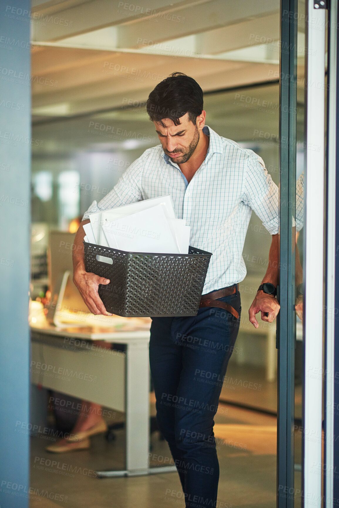 Buy stock photo Business man, fail and fired box in office, termination and angry for dismissal in workplace. Male person, frustrated and worry for retrenchment debt, unemployed and sad for job loss or resignation