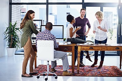 Buy stock photo Creative startup, meeting and business people in office for talking, discussion and collaboration. Digital marketing, diversity and men and women on laptop for online planning, teamwork or web design