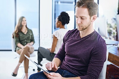 Buy stock photo Tablet, online and business man in office for research project, website and browse internet. Company startup, coworking space and person on digital tech for networking, planning and typing email