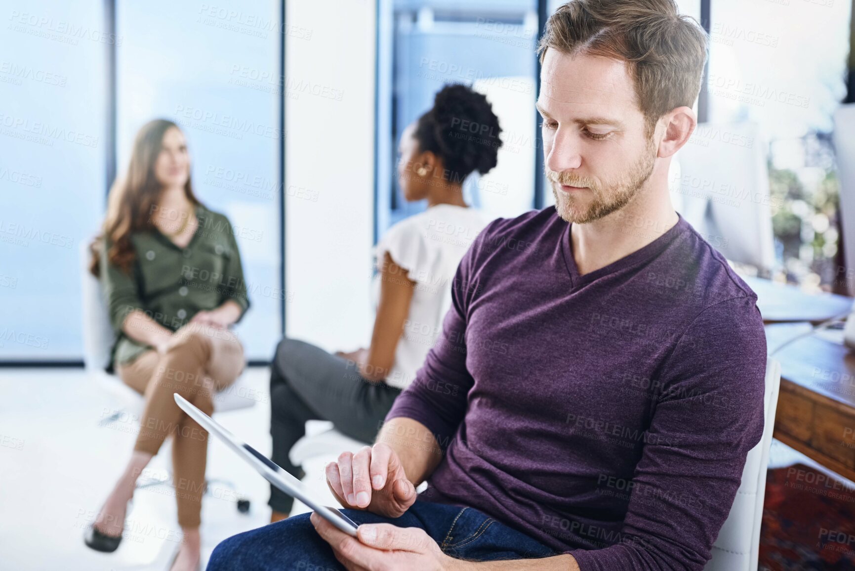 Buy stock photo Tablet, online and business man in office for research project, website and browse internet. Company startup, coworking space and person on digital tech for networking, planning and typing email