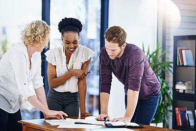 Buy stock photo Business people, planning and teamwork in office for book publishing, brainstorming and editing manuscript. Author, writer and editor with notebook for ideas, solution and collaboration on story