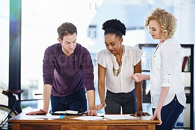 Buy stock photo Business people, planning and teamwork with paperwork for publishing contract, agreement and project goals. Group editor and writer at startup company, brainstorming and meeting with client for book