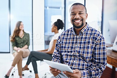 Buy stock photo Tablet, happy and portrait of business black man in office for research project, website and internet. Company startup, coworking and person smile for digital tech and networking, planning or career