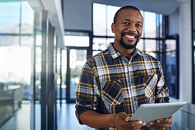 Buy stock photo Tablet, office and portrait of business black man for research project, website and internet. Company startup, worker and happy person on digital technology for networking, planning and typing email