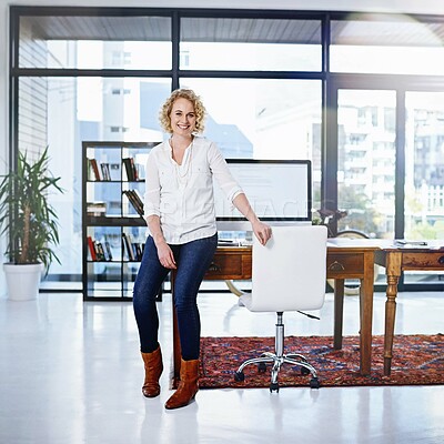 Buy stock photo Business, portrait and happy woman in office with computer for digital agency startup, consulting or graphic design advice. Work, recruitment or website developer with learning, opportunity and offer