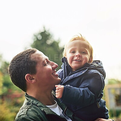 Buy stock photo Dad, child and portrait of love in nature with happy smile, support and bonding in outdoor garden. Father, son and playful face in backyard for growth, development and fun with trust, care and laugh