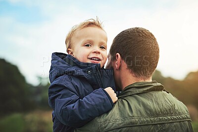 Buy stock photo Dad, kid and walking in nature with support, happy face and bonding in outdoor garden. Father, son and playful adventure in backyard for growth, child development and fun with love, smile and care.