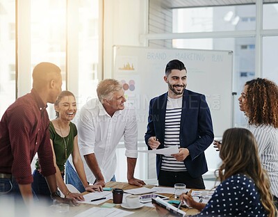 Buy stock photo Happy, people and business or planning in office, brand marketing and advertising strategy or brainstorming notes. Project, idea and conversation in boardroom, meeting and diversity collaboration