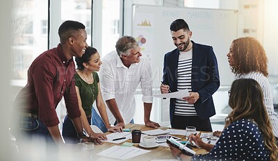 Buy stock photo Businesspeople, creative and business planning in workplace, documents and collaboration for brainstorming. Company, goals and target or strategy idea with professionals in meeting with employees