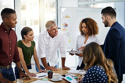 Buy stock photo People, meeting and business planning in office, brand marketing and advertising strategy or brainstorming. Project, idea and boardroom conversation with notes, workplace and diversity collaboration