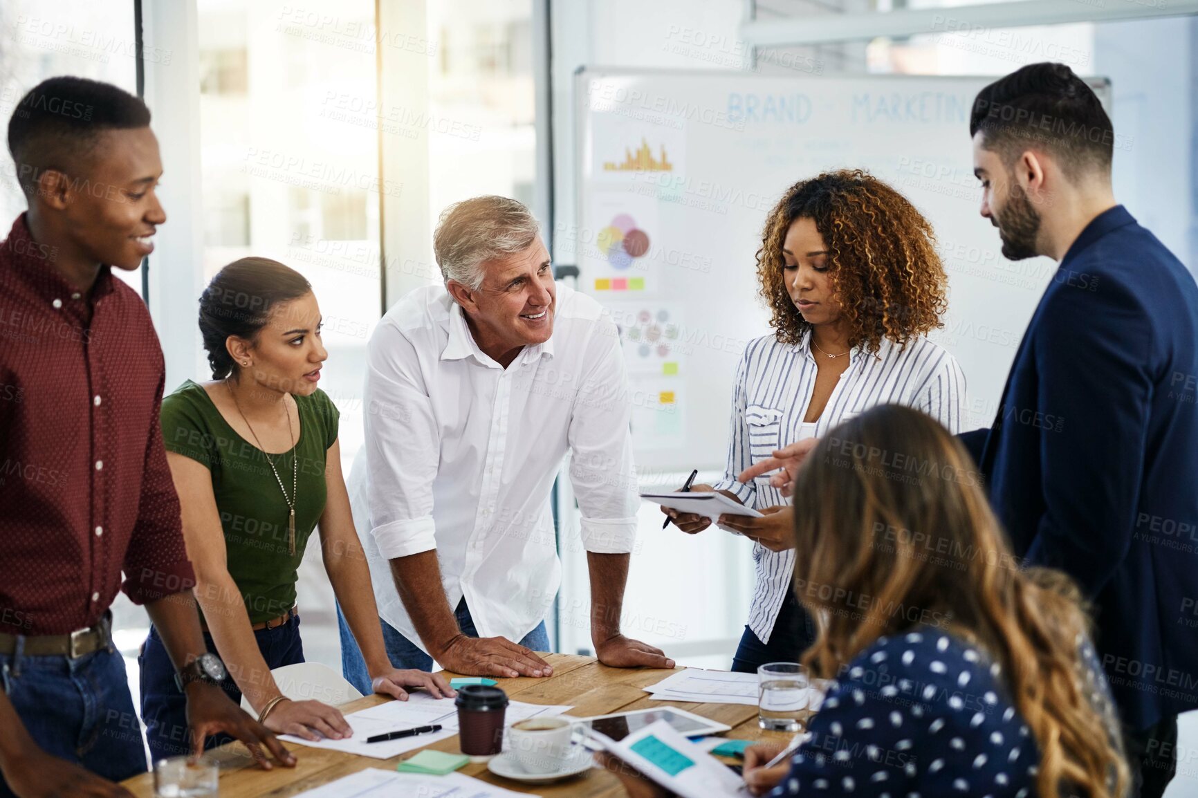 Buy stock photo People, meeting and business planning in office, brand marketing and advertising strategy or brainstorming. Project, idea and boardroom conversation with notes, workplace and diversity collaboration