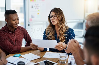 Buy stock photo Collaboration, documents and meeting with group of business people in office together for training workshop. Coaching, planning and report with employee team in workplace for upskill development