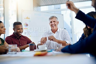 Buy stock photo Collaboration, laughing and meeting with group of business people in office together for training workshop. Coaching, planning and smile with happy employee team in workplace for upskill development