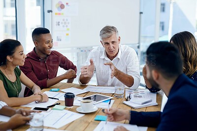 Buy stock photo Coaching, collaboration and meeting with group of business people in office together for web design training. Seminar, vision and workshop with employee team in workplace for upskill development