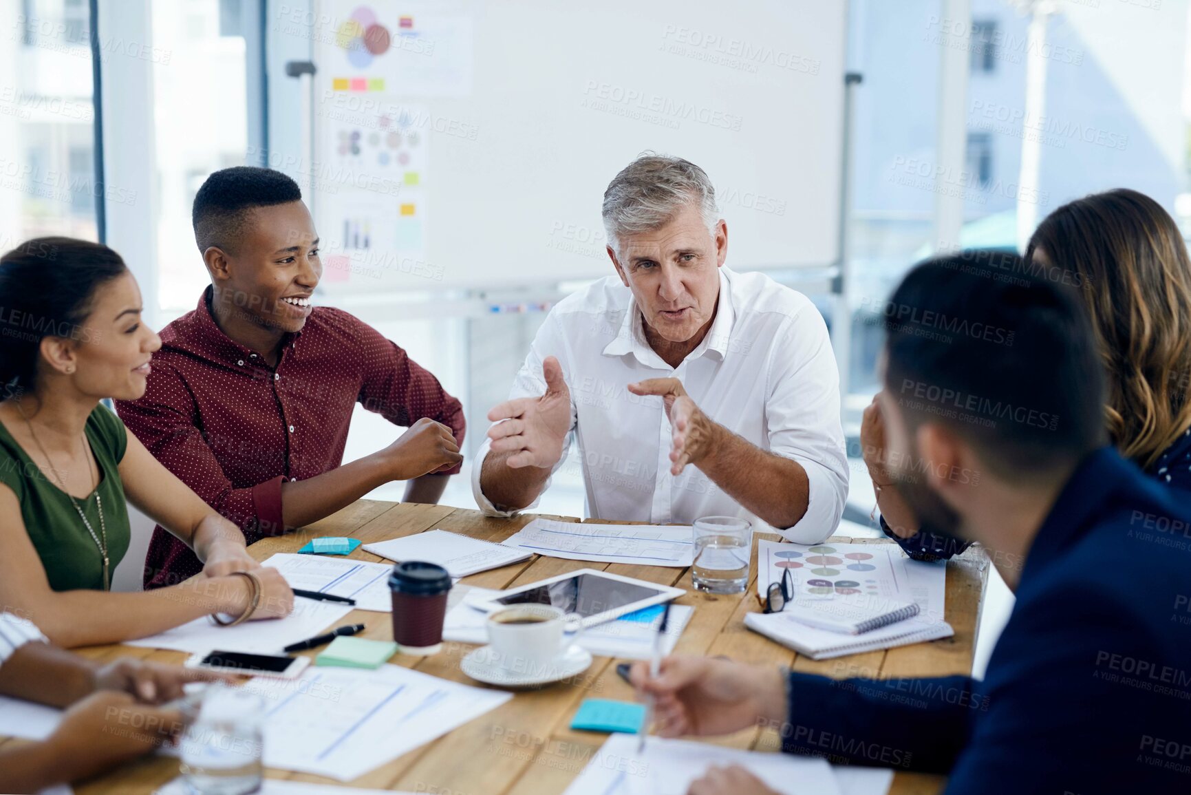 Buy stock photo Coaching, collaboration and meeting with group of business people in office together for web design training. Seminar, vision and workshop with employee team in workplace for upskill development