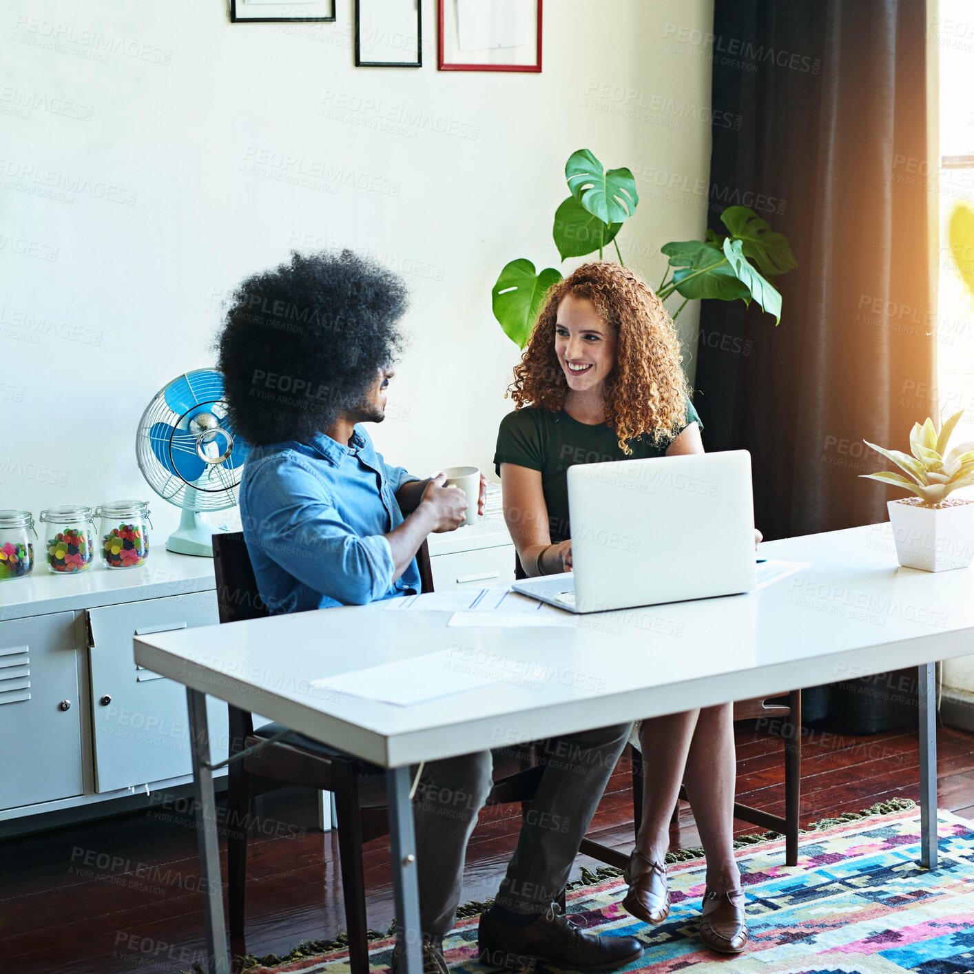 Buy stock photo People, laptop or copywriter with documents in meeting for teamwork, conversation or discussion. Coffee, paperwork or happy editors writing in workspace for planning, startup ideas or collaboration
