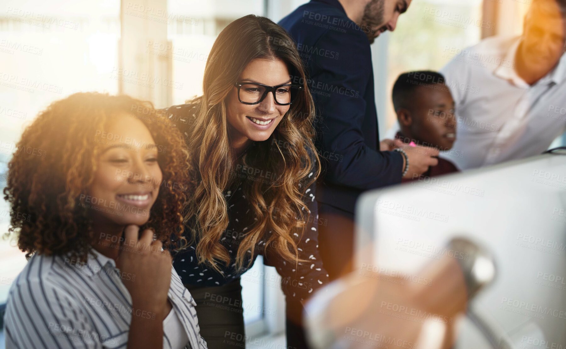 Buy stock photo Office, computer and business people with smile in discussion for portfolio, research and feedback. Happy, women and conversation with tech for administration, training and digital policy review