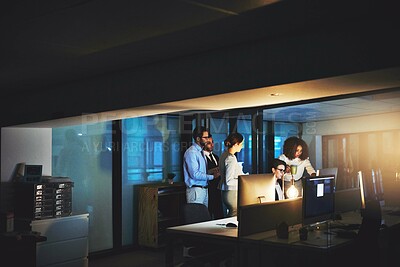 Buy stock photo Team, night and business people on computer for planning or training on project deadline. Group, collaboration and discussion of strategy, brainstorming ideas and sales manager drink coffee in office