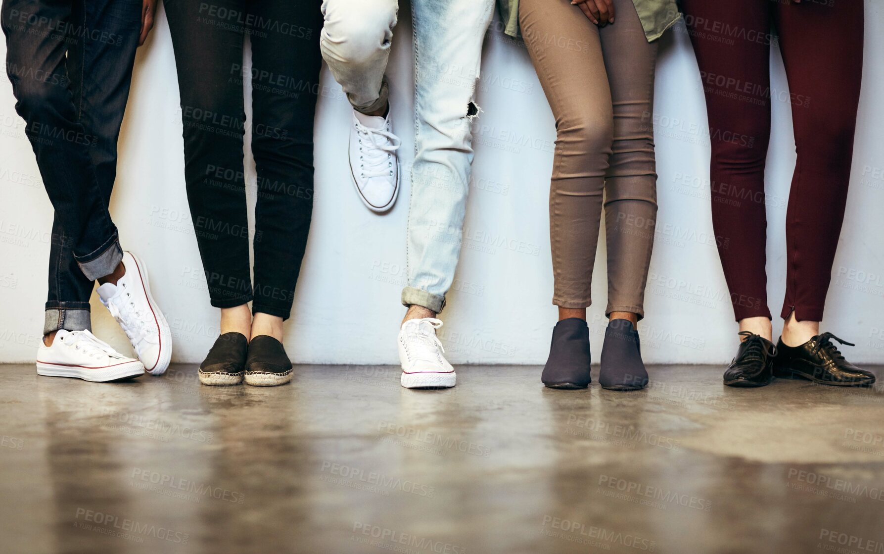 Buy stock photo Legs, waiting room and group of people for job interview, hiring and work opportunity on wall background. Shoes, candidates and audition with onboarding for recruitment, internship or human resources