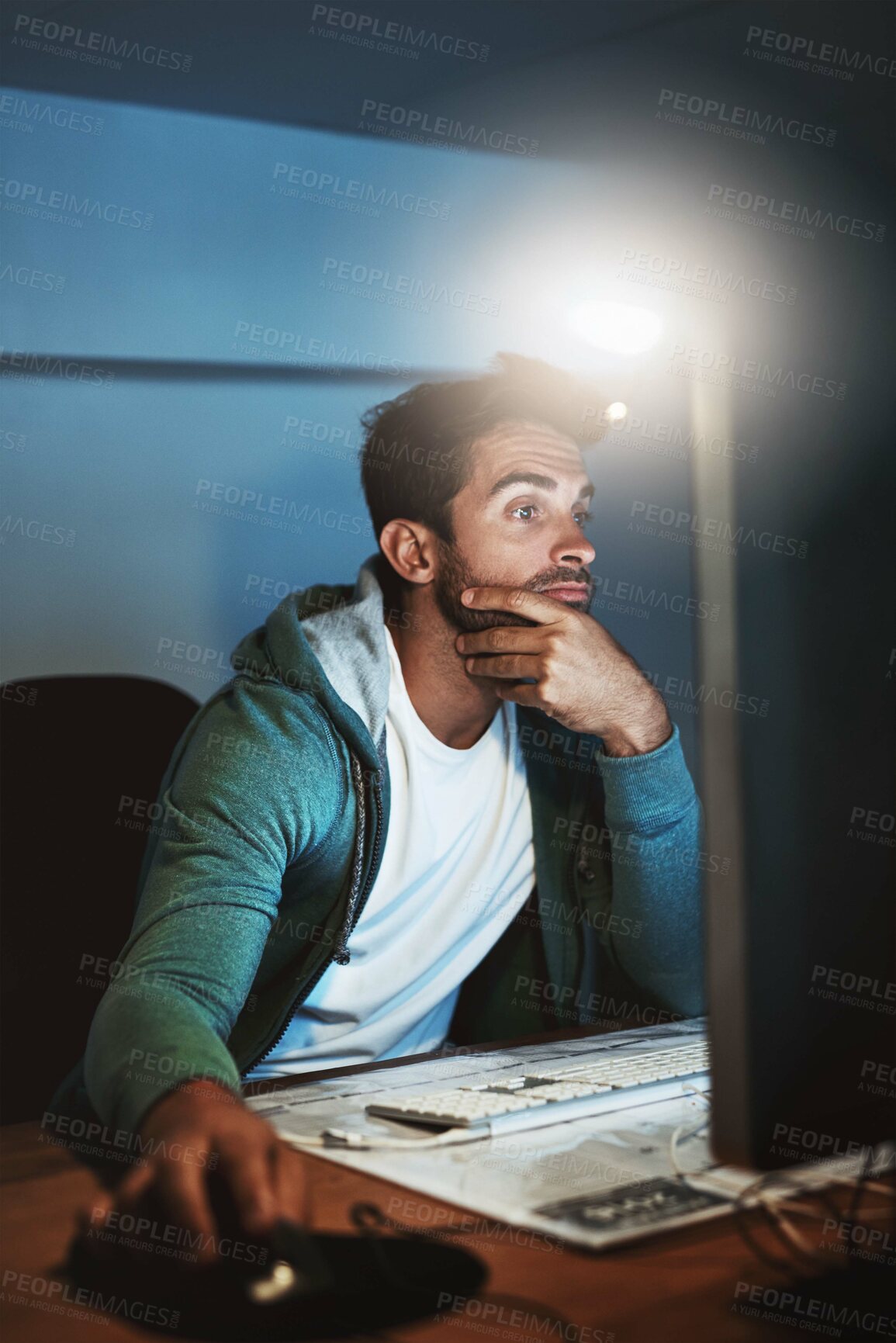 Buy stock photo Night, developer and man on computer for digital software, research and web design programming. Startup, problem solving and programmer coding late in office and overtime for cybersecurity network