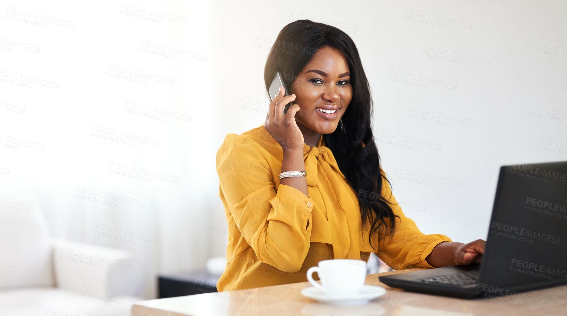 Buy stock photo Home, portrait and laptop of black woman in phone call for discussion, communication and technology to connect. Freelancer, businesswoman and smartphone for talking with clients, computer or mockup