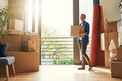 Buy stock photo New home, portrait and happy woman holding box for property sale, mortgage or investment. Real estate, moving or person with cardboard for relocation, unboxing or packing in apartment with lens flare
