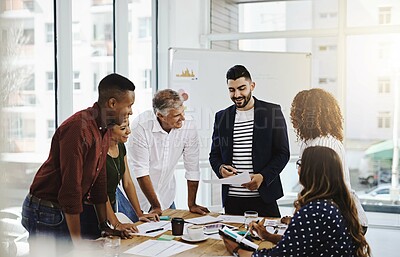 Buy stock photo People, creative and agency planning in office, paperwork and collaboration together for brainstorming. Discussion, work project and conversation for sales strategy, employees and business meeting