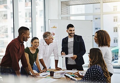 Buy stock photo Teamwork, creative group and business discussion in office, documents and collaboration together or brainstorming. Planning, company and goals or strategy with professionals in meeting with employees