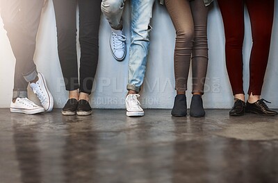 Buy stock photo Shoes, waiting room and group of people for job interview, hiring and work opportunity on wall background. Legs, candidates and audition with onboarding for recruitment, internship or human resources