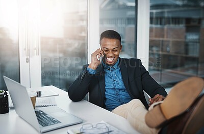 Buy stock photo Businessman, laughing and relax with phone call for funny joke, discussion or communication at office. Happy black man, accountant or employee smile with mobile smartphone for friendly conversation