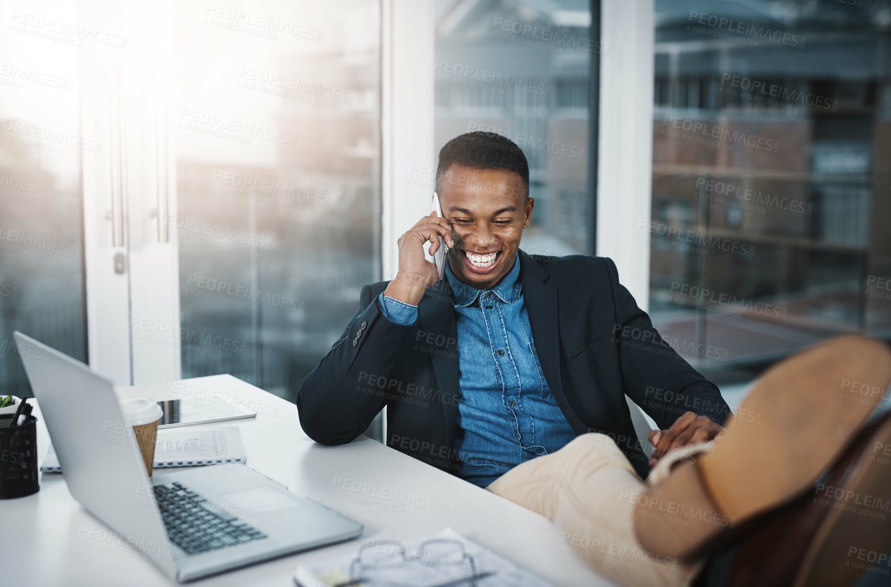 Buy stock photo Businessman, laughing and relax with phone call for funny joke, discussion or communication at office. Happy black man, accountant or employee smile with mobile smartphone for friendly conversation