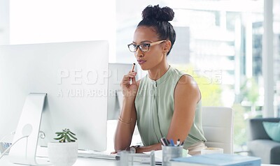 Buy stock photo Administrator, office and business woman on computer thinking, planning and schedule for company on technology or research. Receptionist, system administration and vision, working on company website