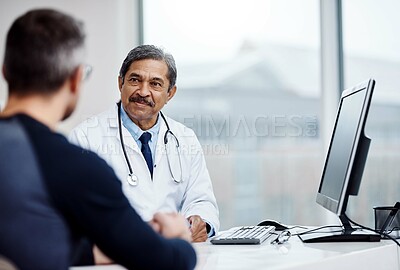 Buy stock photo Doctor, computer and consulting with mature man in office for healthcare advice, online chart and life insurance. Diagnosis, medical and exam with people in hospital for treatment and prescription